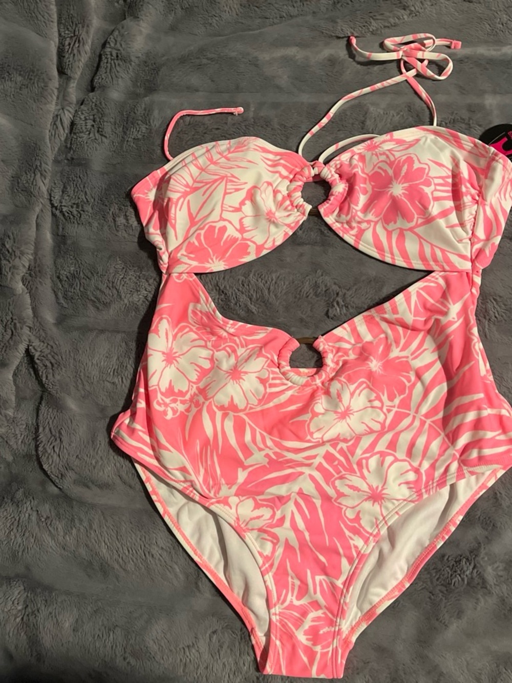 White and Pink Floral Halter One-Piece Swimsuit